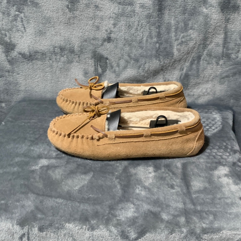 Minnetonka Cally Suede Moccasin Slippers Tan Faux Fur Lined 4032 Womens 7